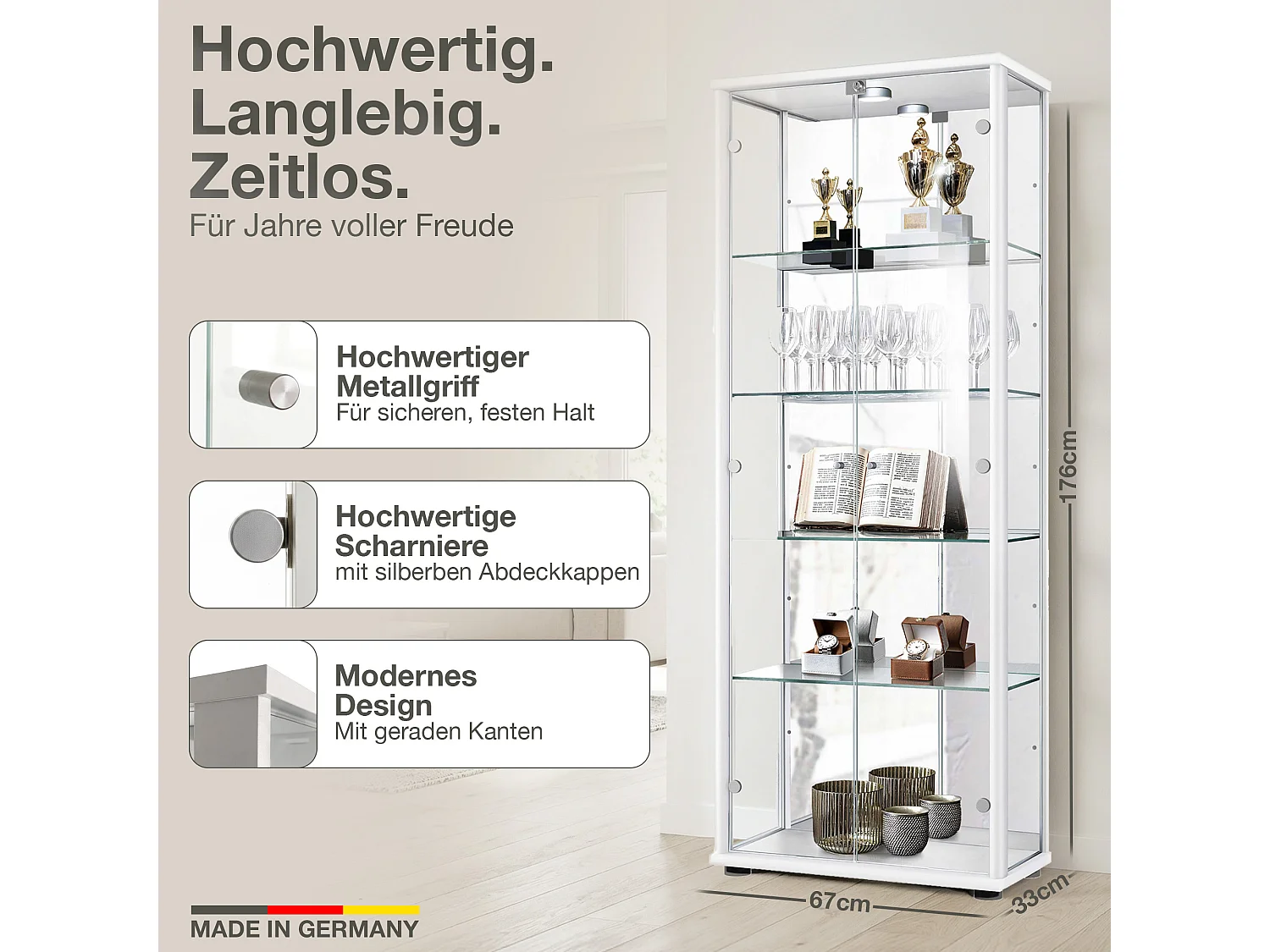 Vitrine sur pied avec 2 portes, 4 étagères en verre réglables en hauteur, miroir & serrure - Avec éclairage LED - 176x67x33 cm - Blanc