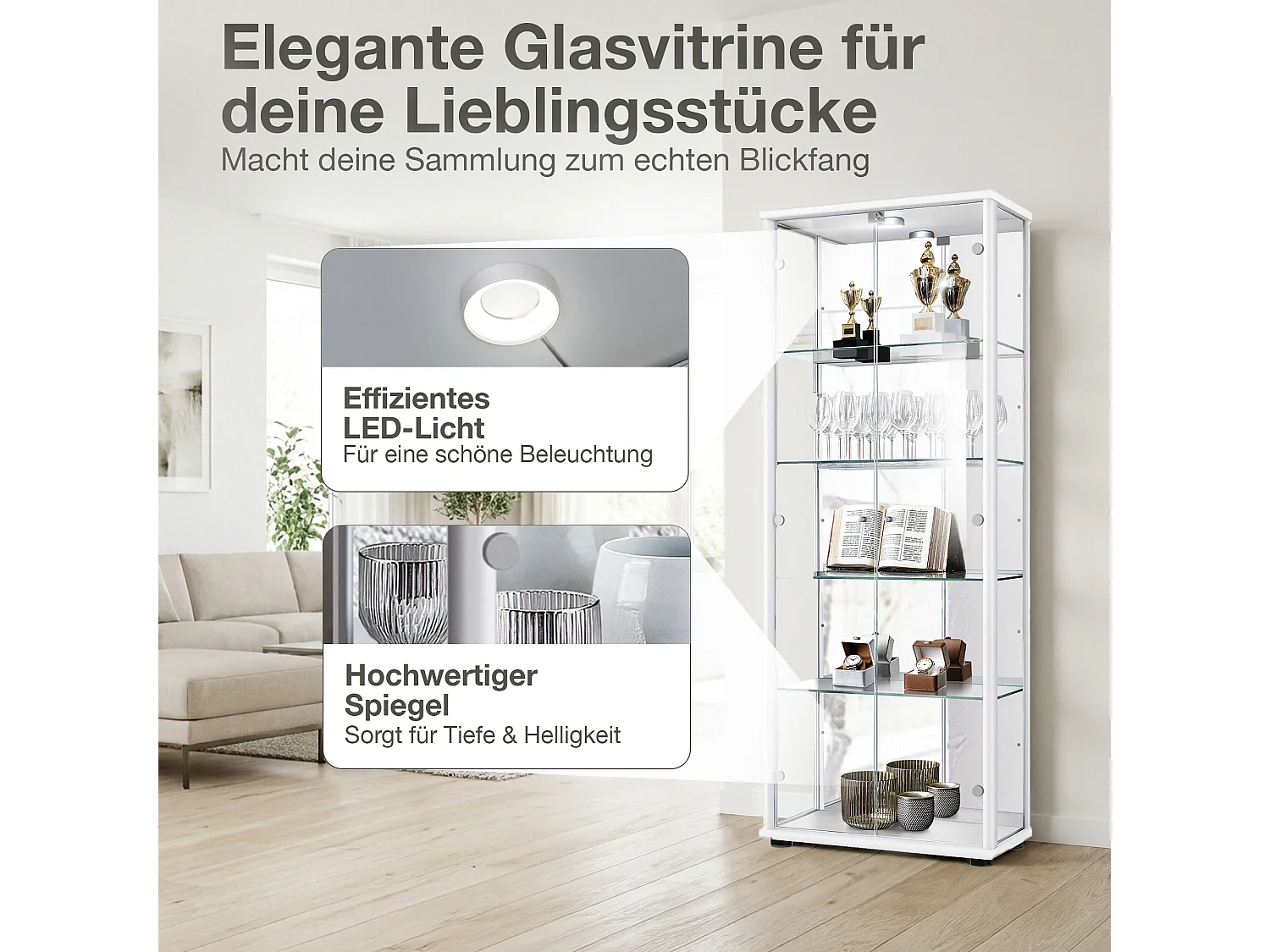 Vitrine sur pied avec 2 portes, 4 étagères en verre réglables en hauteur, miroir & serrure - Avec éclairage LED - 176x67x33 cm - Blanc