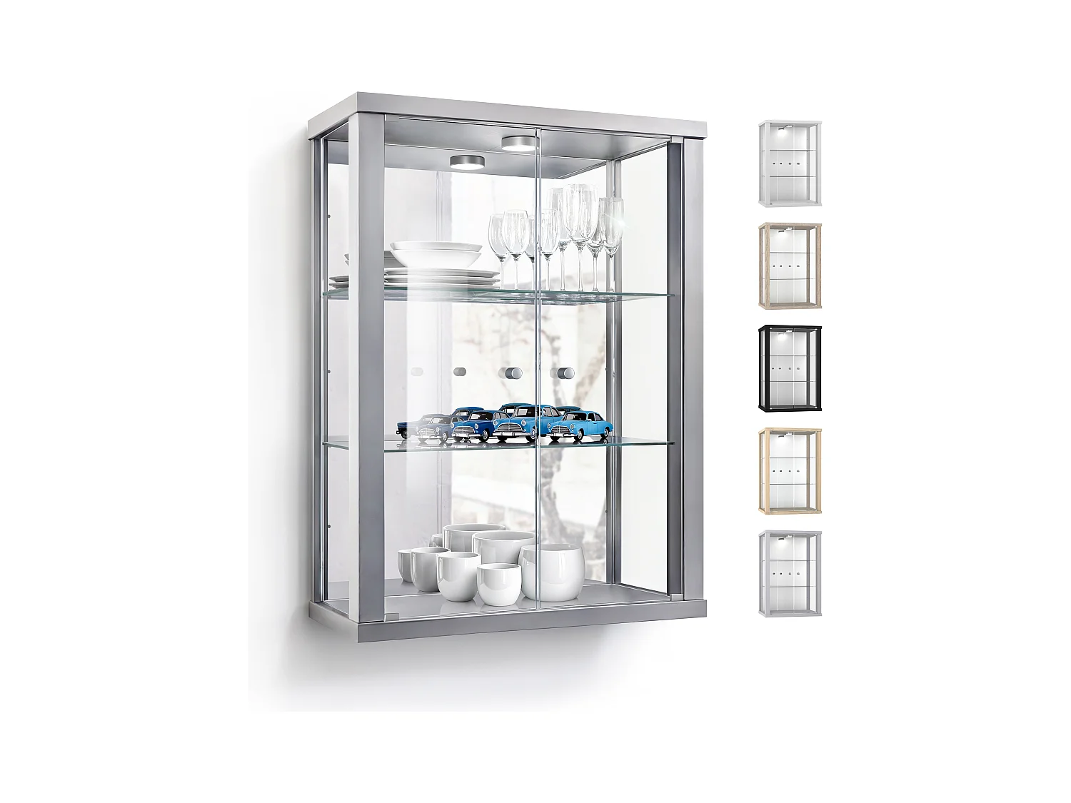 Vitrine murale avec 2 portes, 2 étagères en verre réglables en hauteur & miroir - Avec éclairage LED - 80x60x25 cm - Couleur argentée