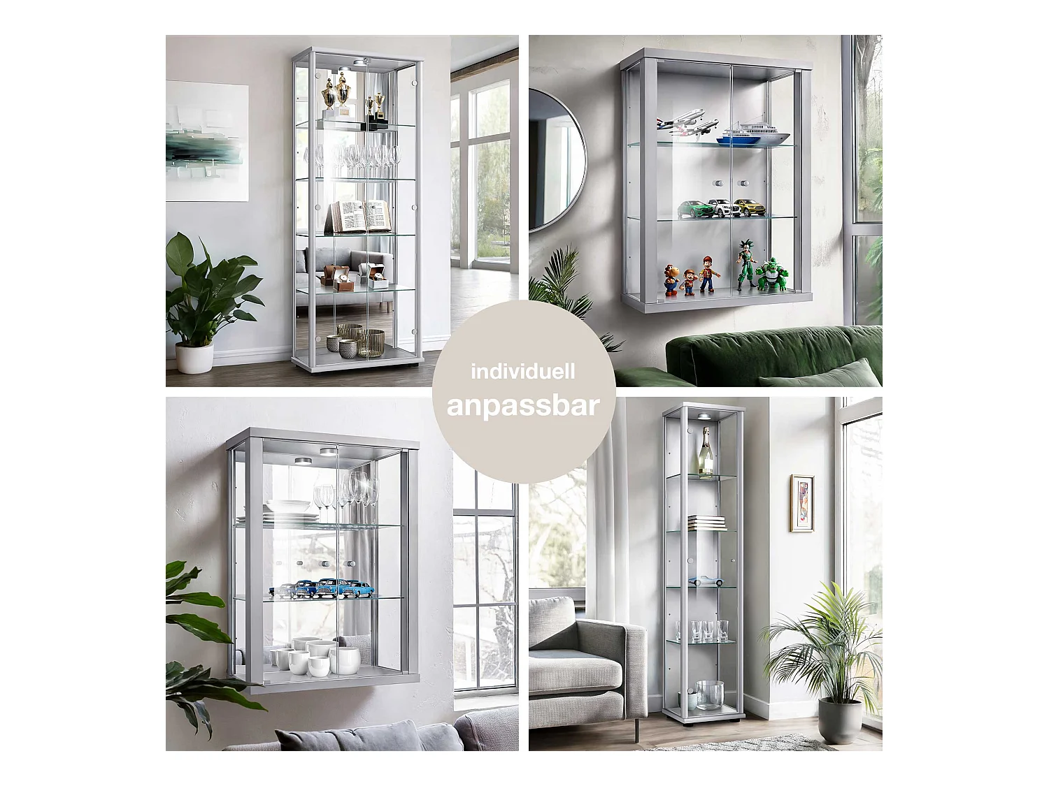 Vitrine murale avec 2 portes, 2 étagères en verre réglables en hauteur & miroir - Avec éclairage LED - 80x60x25 cm - Couleur argentée