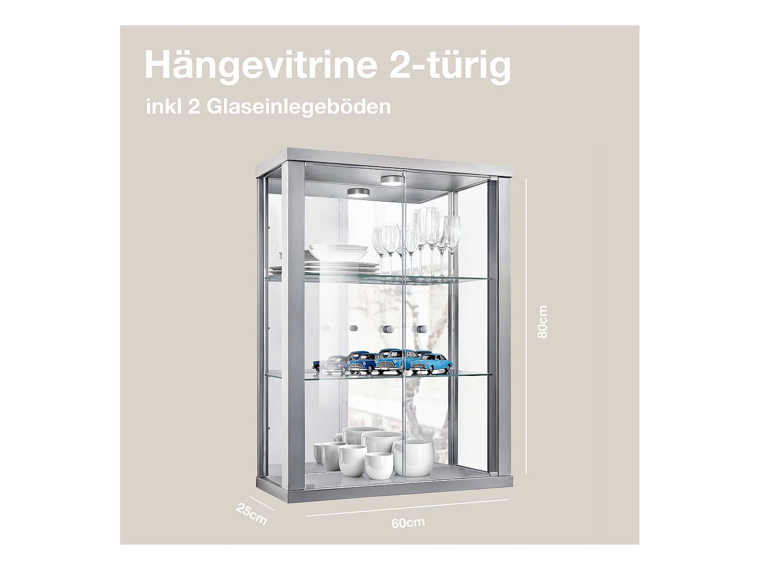 Vitrine murale avec 2 portes, 2 étagères en verre réglables en hauteur & miroir - Avec éclairage LED - 80x60x25 cm - Couleur argentée