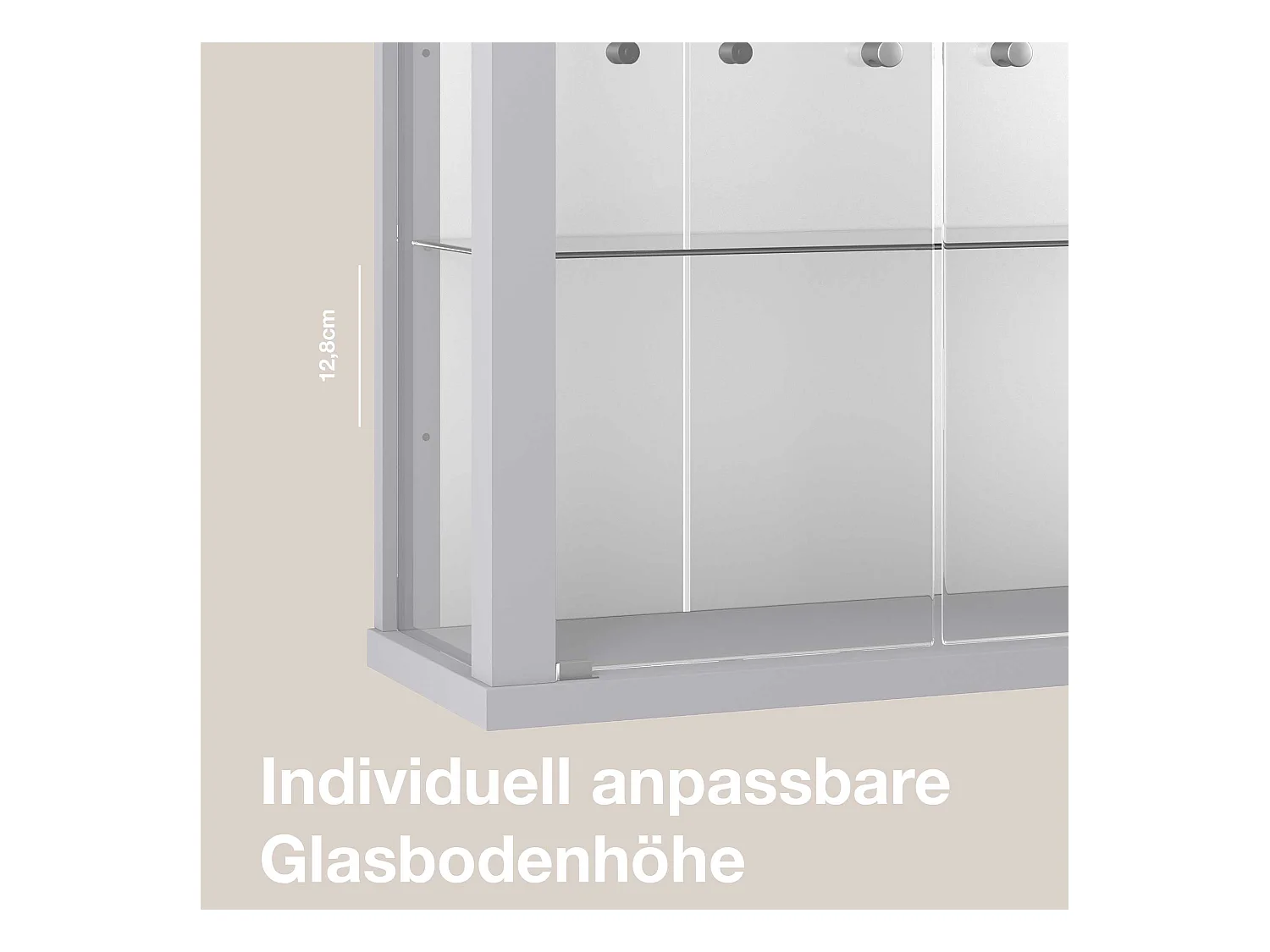 Vitrine murale avec 2 portes, 2 étagères en verre réglables en hauteur & miroir - Avec éclairage LED - 80x60x25 cm - Couleur argentée