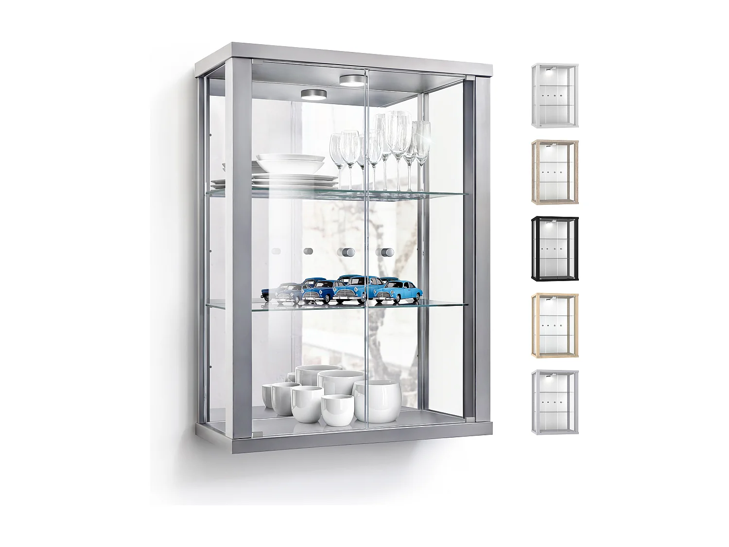 Vitrine murale avec 2 portes, 2 étagères en verre réglables en hauteur & miroir - Avec éclairage LED - 80x60x25 cm - Couleur argentée
