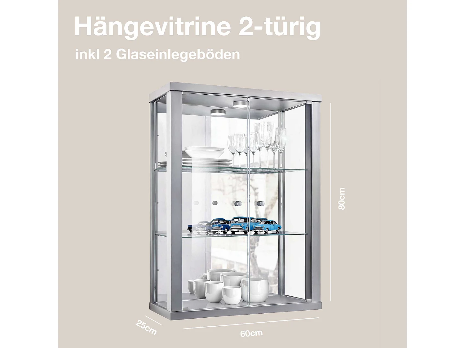 Vitrine murale avec 2 portes, 2 étagères en verre réglables en hauteur & miroir - Avec éclairage LED - 80x60x25 cm - Couleur argentée