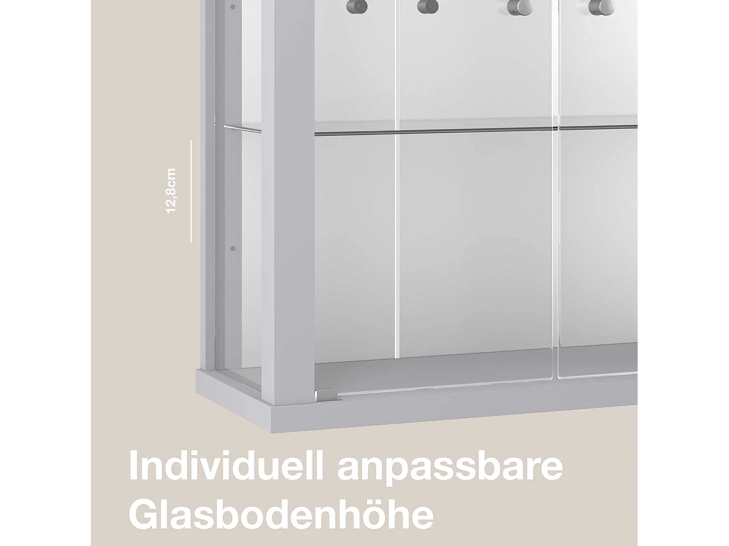 Vitrine murale avec 2 portes, 2 étagères en verre réglables en hauteur & miroir - Avec éclairage LED - 80x60x25 cm - Couleur argentée