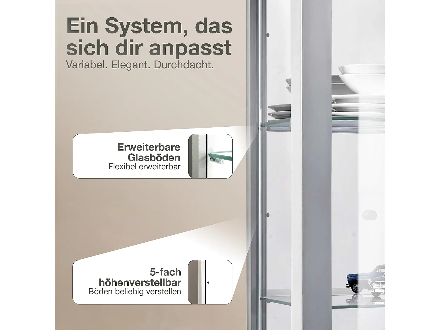 Vitrine murale avec 2 portes, 2 étagères en verre réglables en hauteur & miroir - Avec éclairage LED - 80x60x25 cm - Couleur argentée