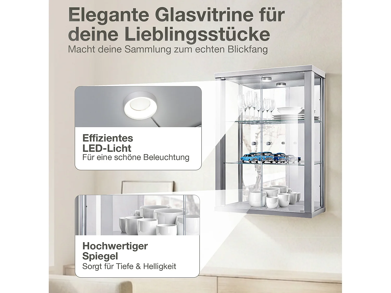 Vitrine murale avec 2 portes, 2 étagères en verre réglables en hauteur & miroir - Avec éclairage LED - 80x60x25 cm - Couleur argentée