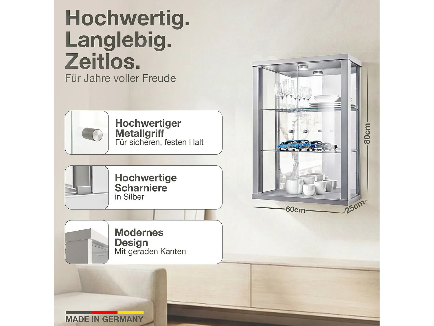Wandvitrine met 2 deuren, 2 in hoogte verstelbare glasplanken & spiegel - Met LED-verlichting - 80x60x25 cm - Zilverkleurig