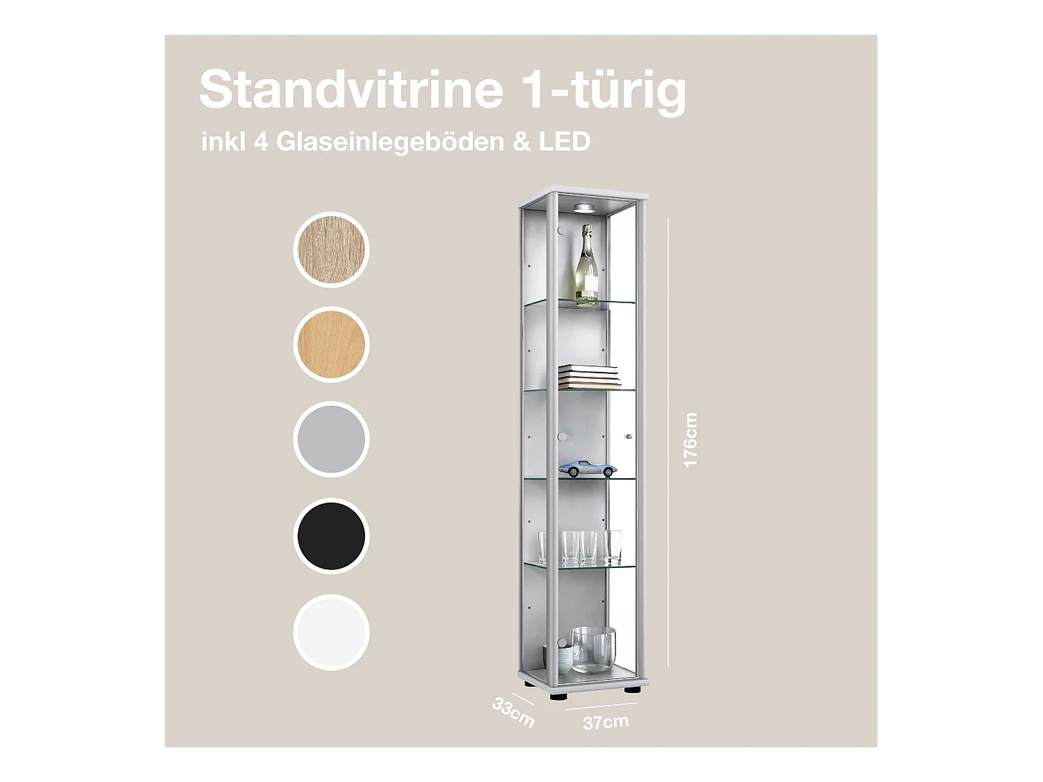 Standvitrine mit 1 Tür, 4 Höhenverstellbaren Glasböden - Mit LED-Beleuchtung- 176x37x33 cm - Silberfarben