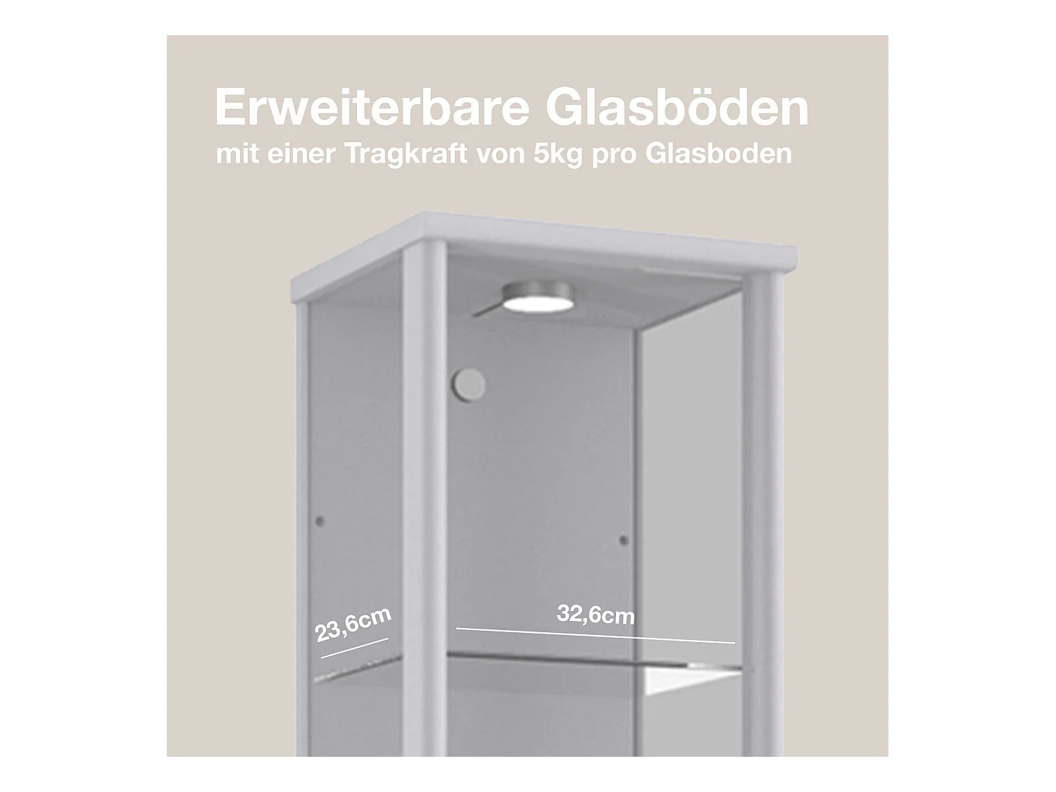 Standvitrine mit 1 Tür, 4 Höhenverstellbaren Glasböden - Mit LED-Beleuchtung- 176x37x33 cm - Silberfarben