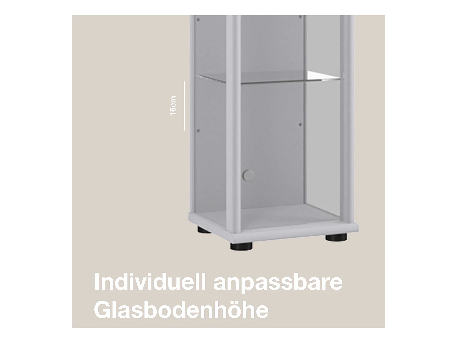 Standvitrine mit 1 Tür, 4 Höhenverstellbaren Glasböden - Mit LED-Beleuchtung- 176x37x33 cm - Silberfarben