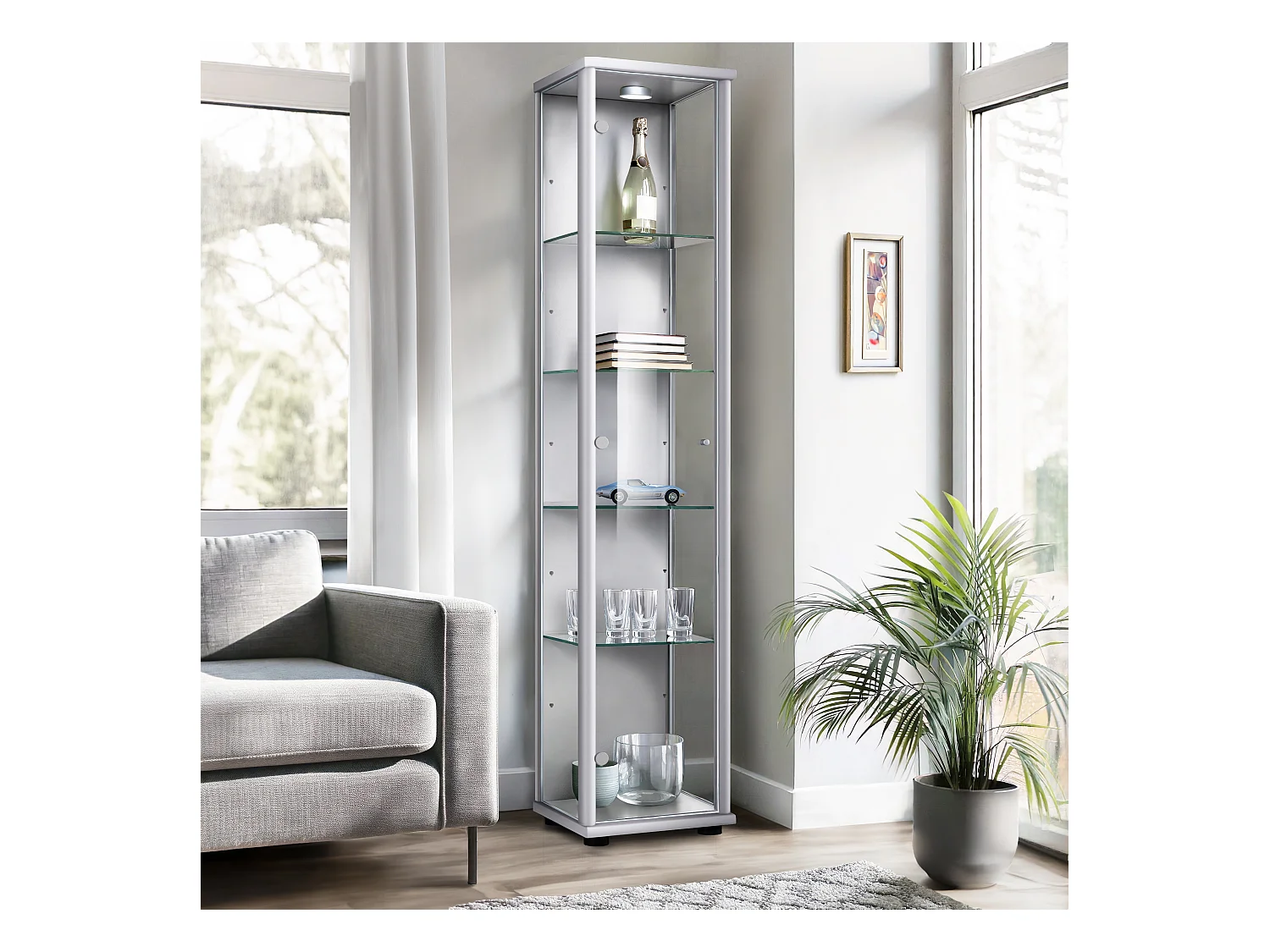 Vitrine sur pied avec 1 porte, 4 étagères en verre réglables en hauteur - Avec éclairage LED - 176x37x33 cm - Couleur argentée