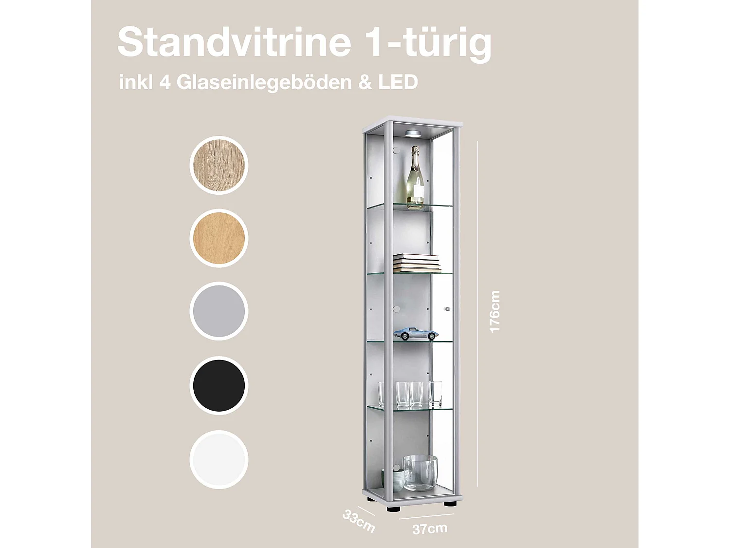 Vitrine sur pied avec 1 porte, 4 étagères en verre réglables en hauteur - Avec éclairage LED - 176x37x33 cm - Couleur argentée