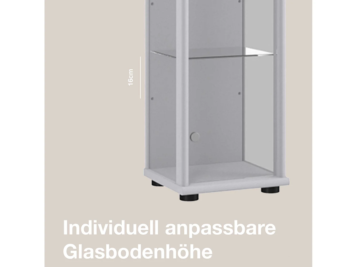 Vitrine sur pied avec 1 porte, 4 étagères en verre réglables en hauteur - Avec éclairage LED - 176x37x33 cm - Couleur argentée