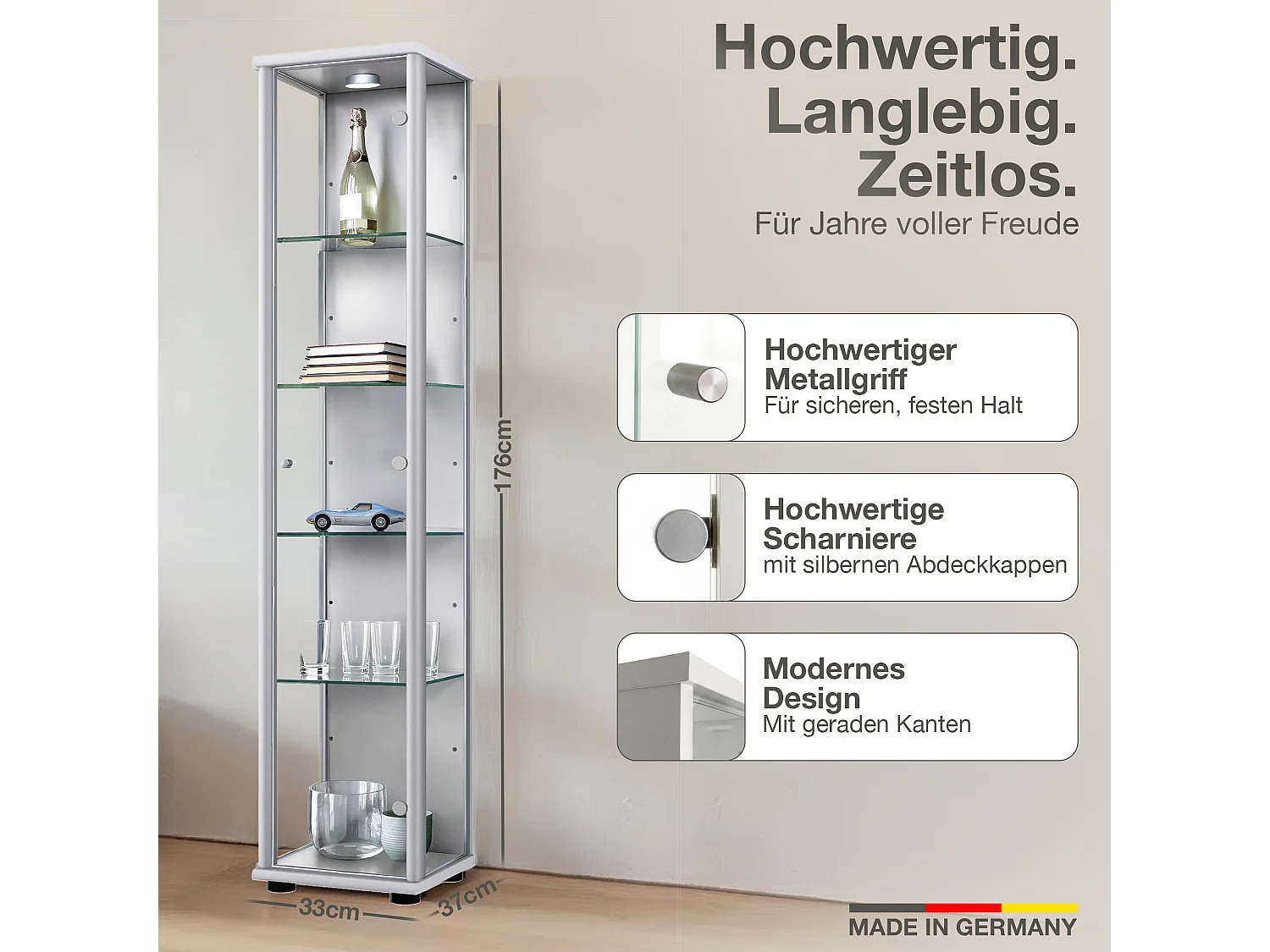 Vitrine sur pied avec 1 porte, 4 étagères en verre réglables en hauteur - Avec éclairage LED - 176x37x33 cm - Couleur argentée