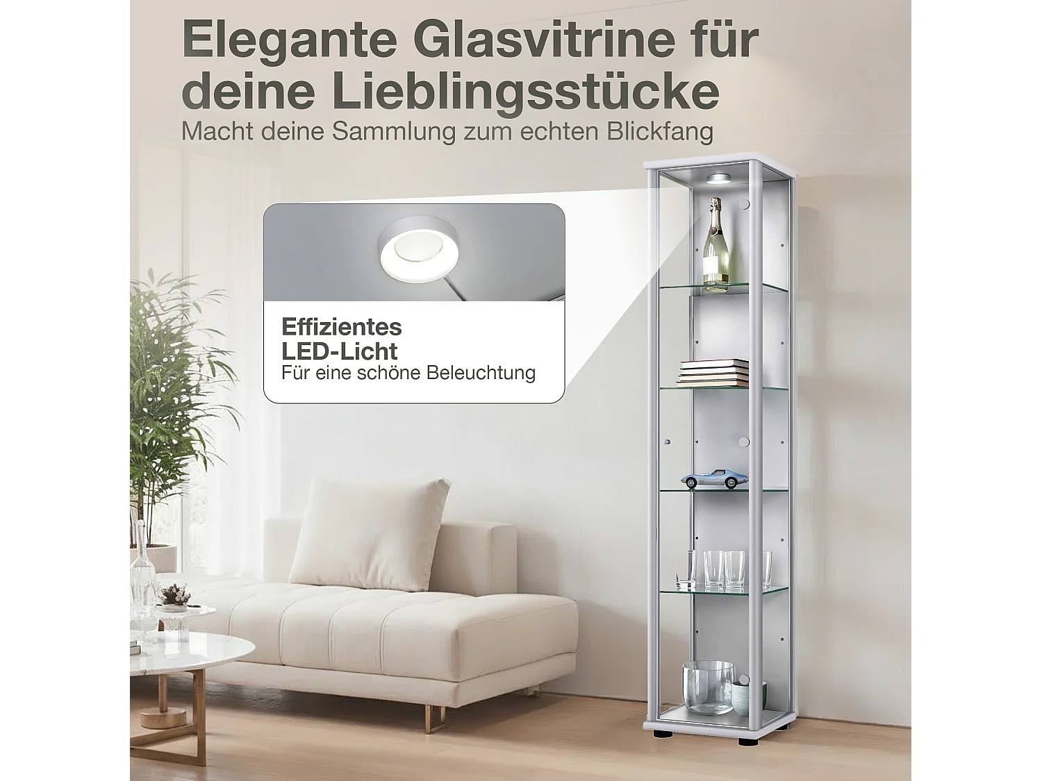 Vitrine sur pied avec 1 porte, 4 étagères en verre réglables en hauteur - Avec éclairage LED - 176x37x33 cm - Couleur argentée