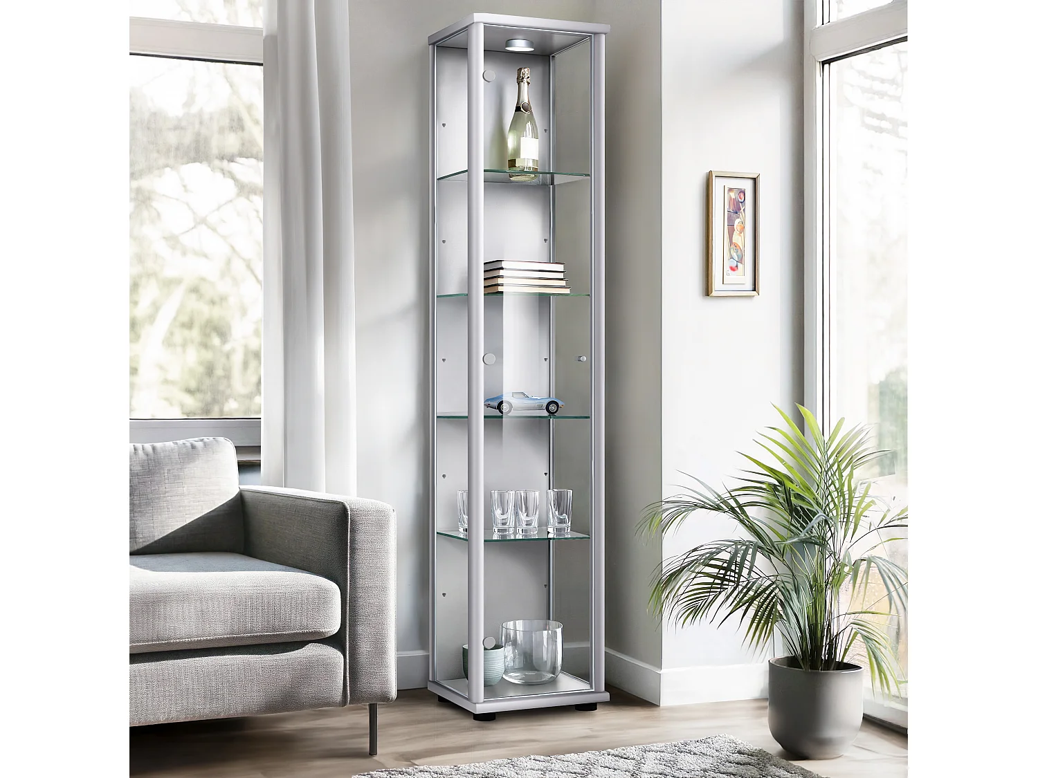 Vitrine sur pied avec 1 porte, 4 étagères en verre réglables en hauteur - Avec éclairage LED - 176x37x33 cm - Couleur argentée