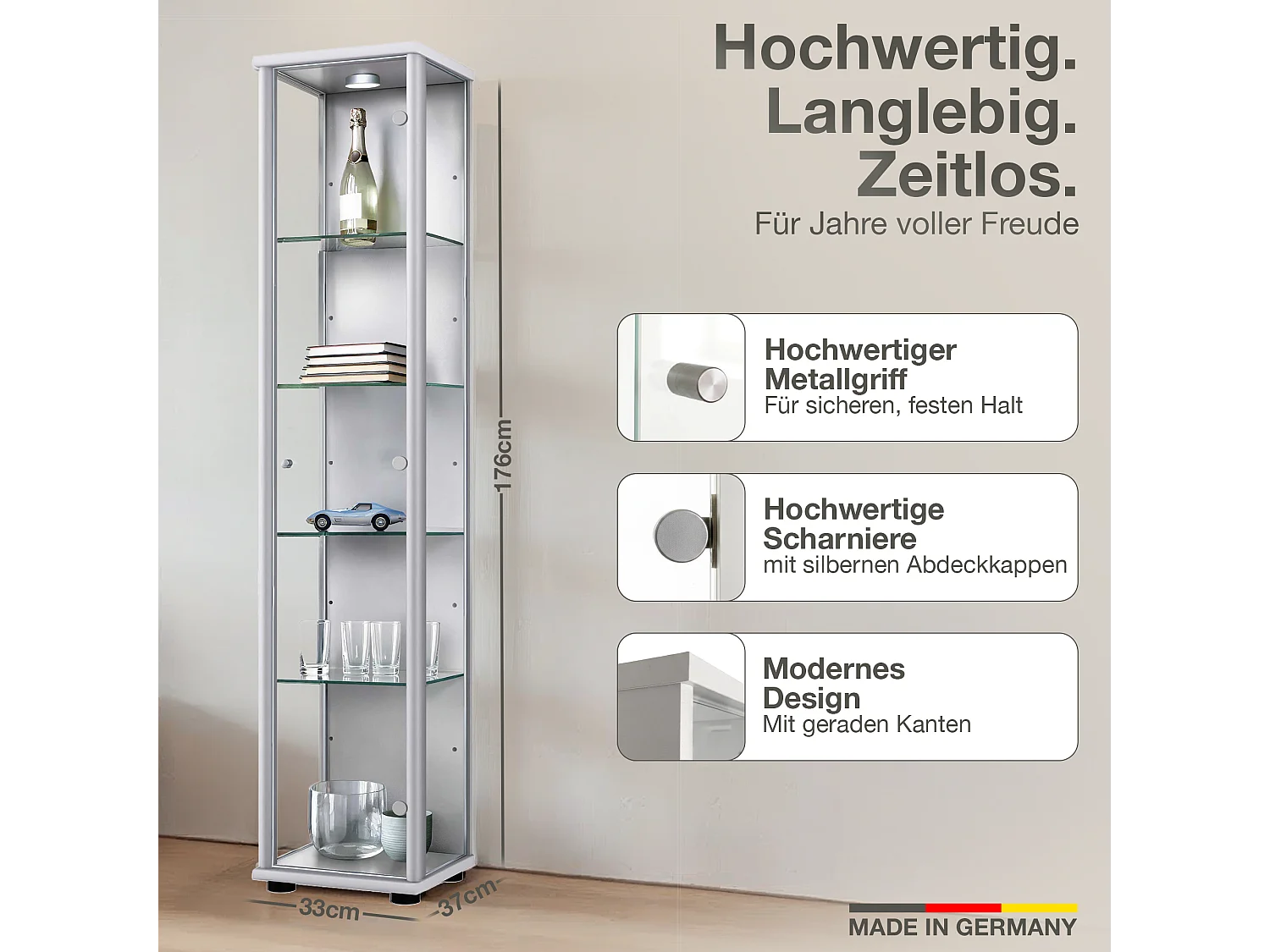 Standvitrine mit 1 Tür, 4 Höhenverstellbaren Glasböden - Mit LED-Beleuchtung- 176x37x33 cm - Silberfarben