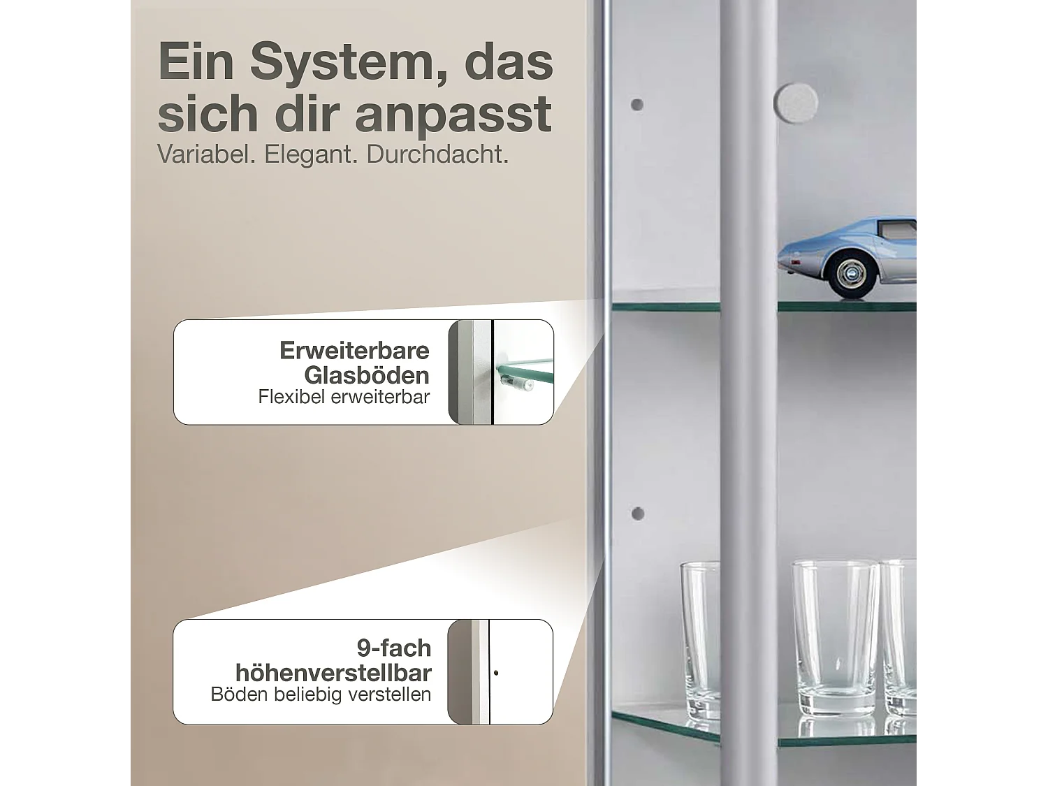 Standvitrine mit 1 Tür, 4 Höhenverstellbaren Glasböden - Mit LED-Beleuchtung- 176x37x33 cm - Silberfarben