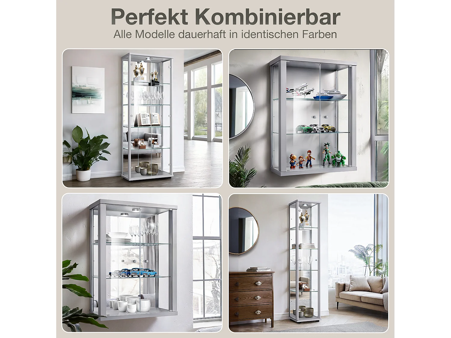 Standvitrine mit 1 Tür, 4 Höhenverstellbaren Glasböden - Mit LED-Beleuchtung- 176x37x33 cm - Silberfarben