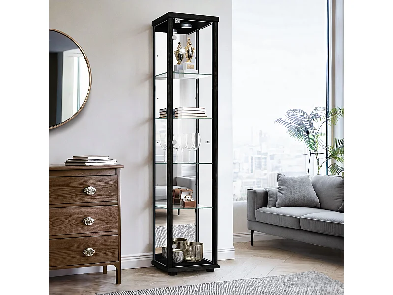 Vitrine sur pied avec 1 porte, 4 étagères en verre réglables en hauteur, miroir & serrure - Avec éclairage LED - 176x37x33 cm - Noir