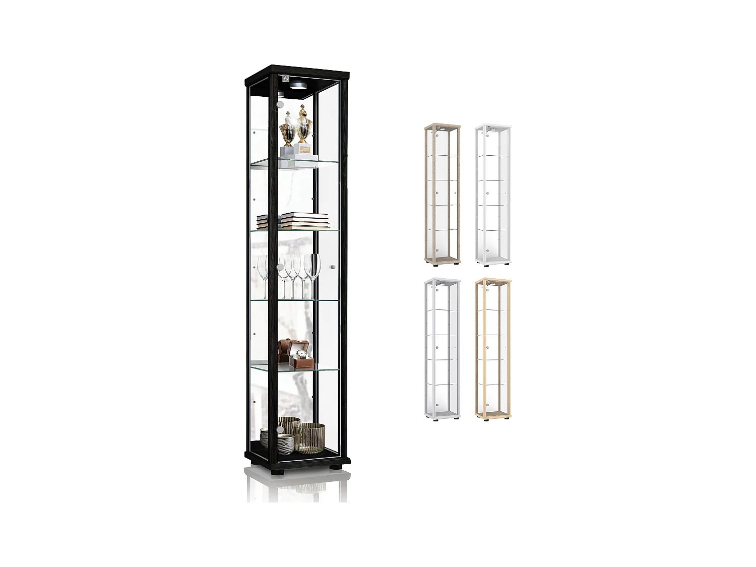 Staande vitrine met 1 deur, 4 in hoogte verstelbare glasplanken, spiegel & slot - Met LED-verlichting - 176x37x33 cm - Zwart