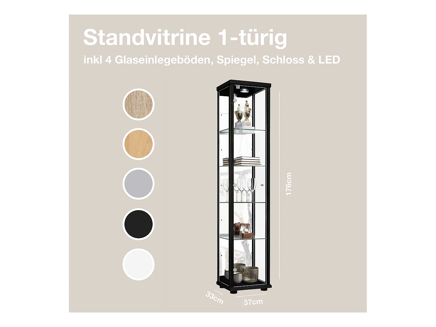 Staande vitrine met 1 deur, 4 in hoogte verstelbare glasplanken, spiegel & slot - Met LED-verlichting - 176x37x33 cm - Zwart