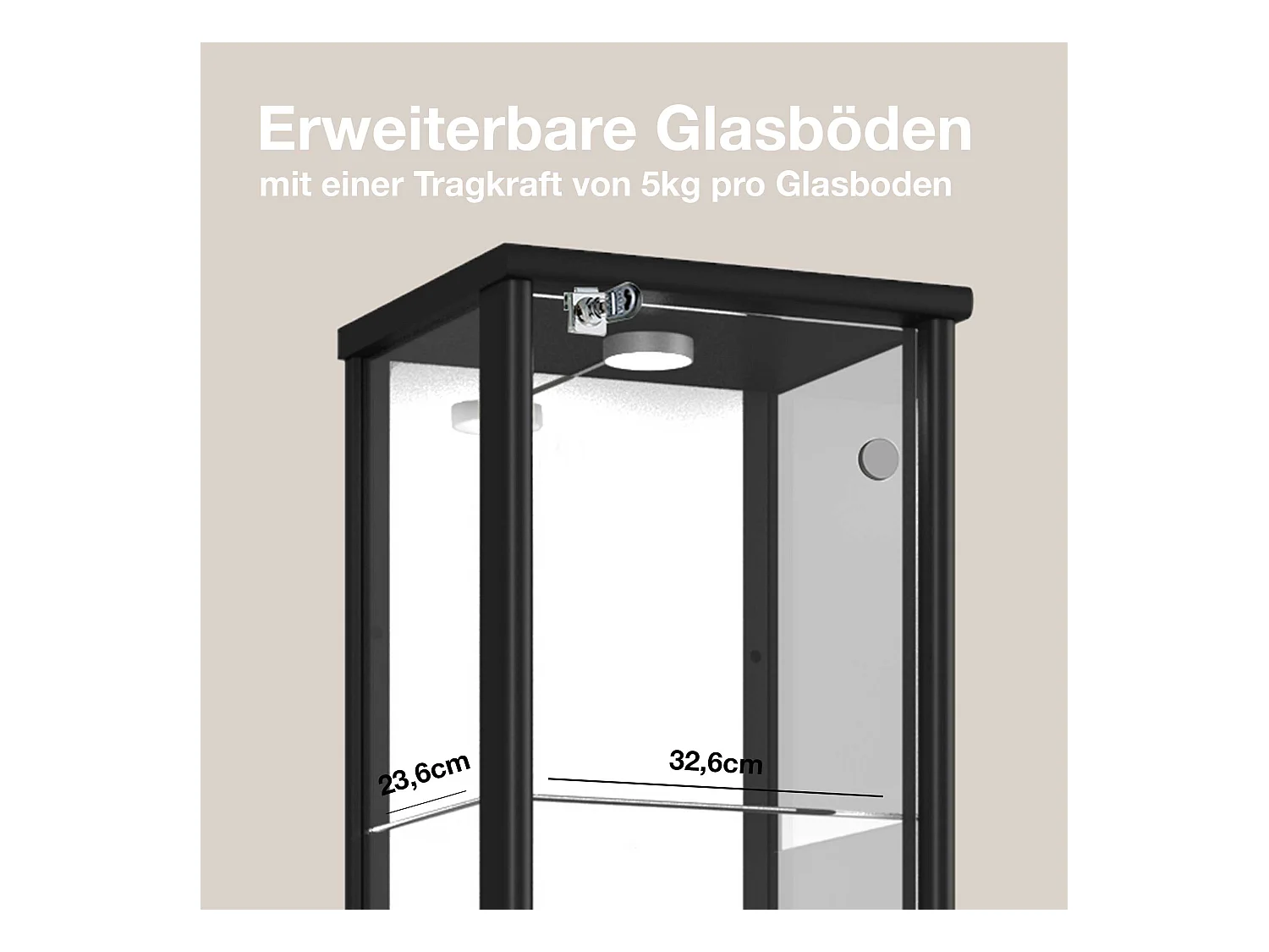 Staande vitrine met 1 deur, 4 in hoogte verstelbare glasplanken, spiegel & slot - Met LED-verlichting - 176x37x33 cm - Zwart