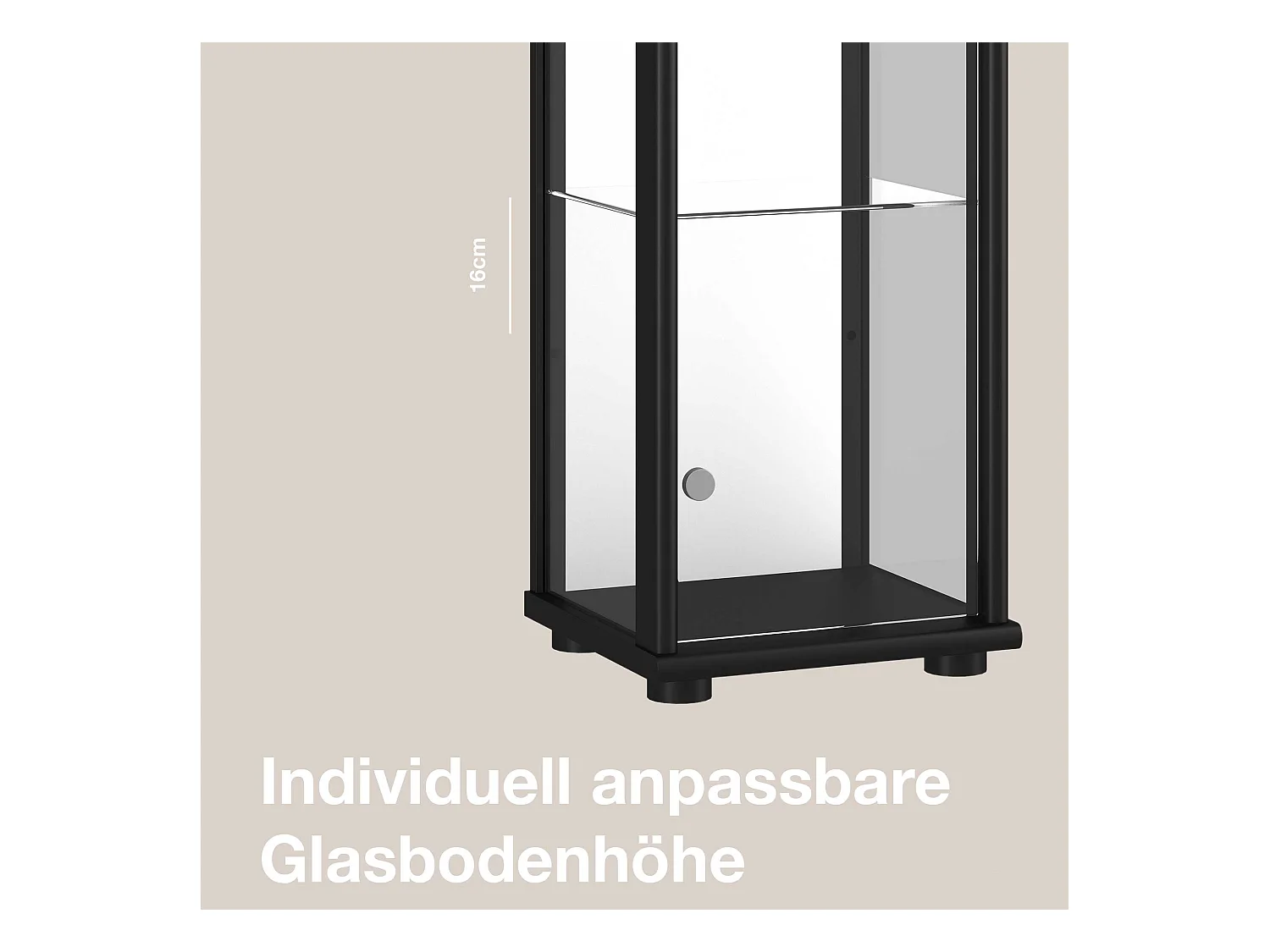 Staande vitrine met 1 deur, 4 in hoogte verstelbare glasplanken, spiegel & slot - Met LED-verlichting - 176x37x33 cm - Zwart