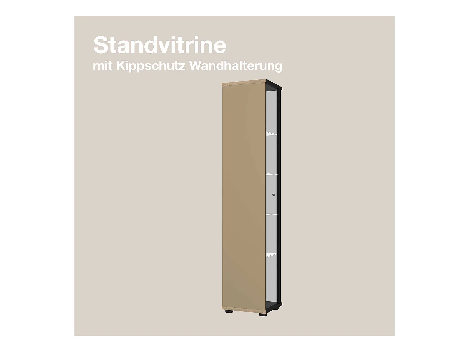 Staande vitrine met 1 deur, 4 in hoogte verstelbare glasplanken, spiegel & slot - Met LED-verlichting - 176x37x33 cm - Zwart