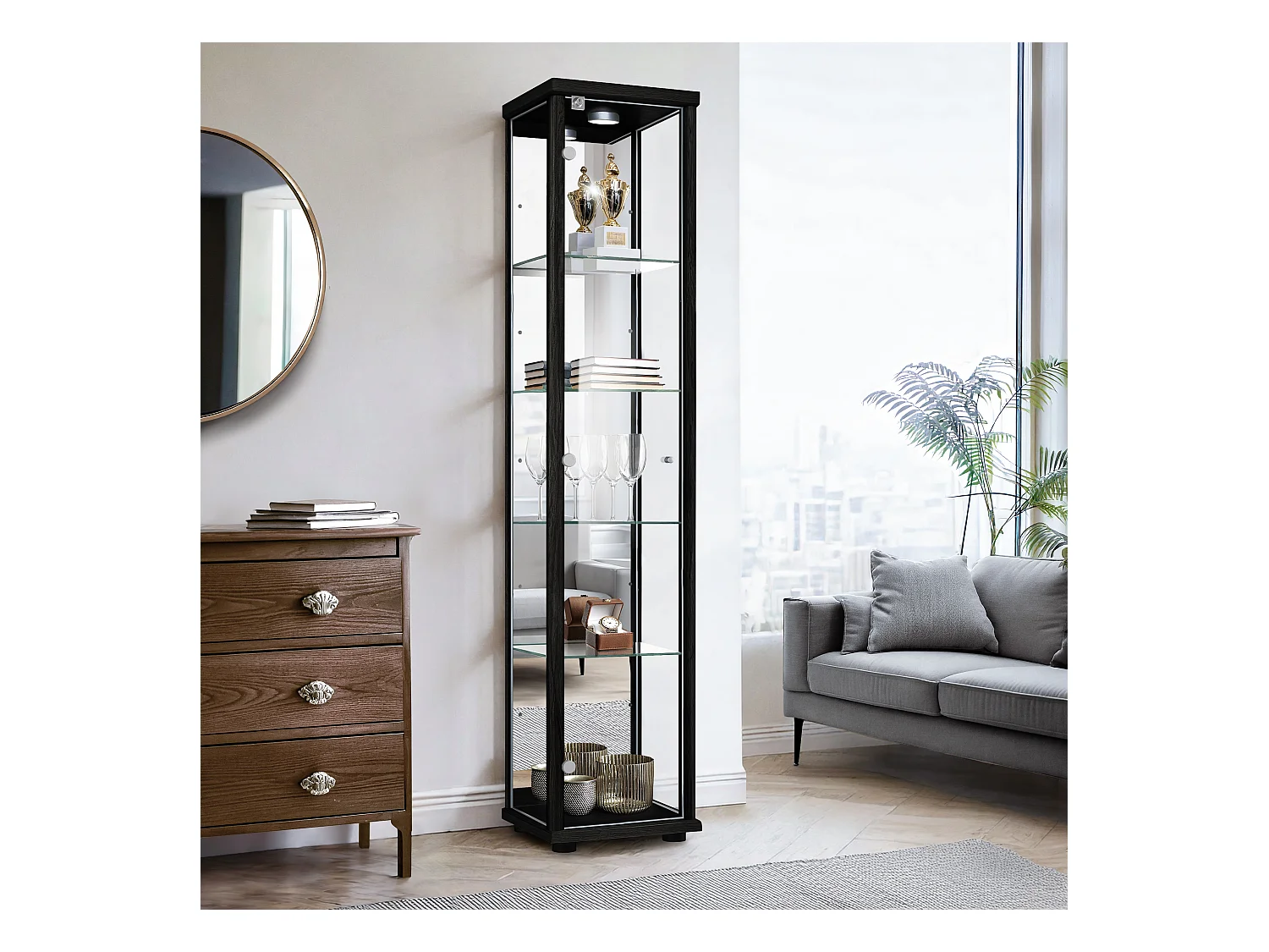 Vitrine sur pied avec 1 porte, 4 étagères en verre réglables en hauteur, miroir & serrure - Avec éclairage LED - 176x37x33 cm - Noir