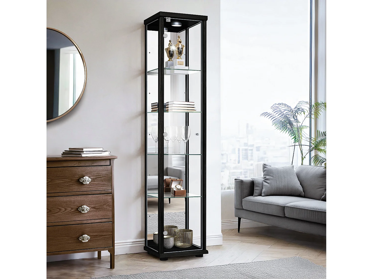Vitrine sur pied avec 1 porte, 4 étagères en verre réglables en hauteur, miroir & serrure - Avec éclairage LED - 176x37x33 cm - Noir
