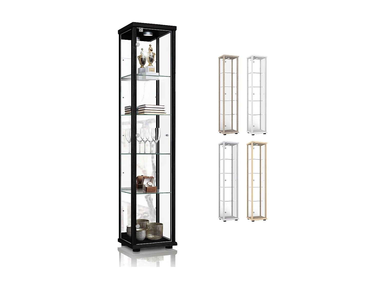 Vitrine sur pied avec 1 porte, 4 étagères en verre réglables en hauteur, miroir & serrure - Avec éclairage LED - 176x37x33 cm - Noir