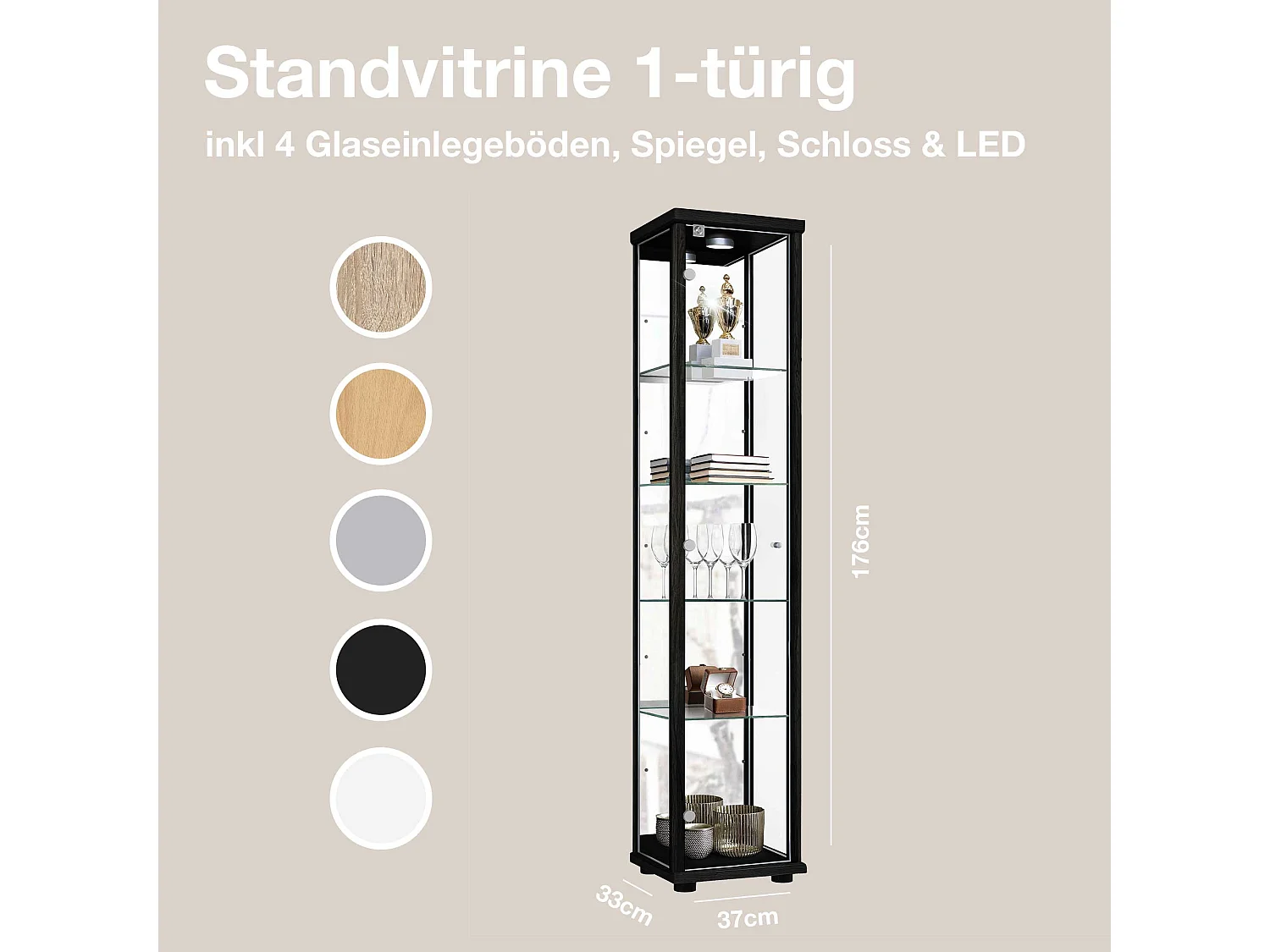 Vitrine sur pied avec 1 porte, 4 étagères en verre réglables en hauteur, miroir & serrure - Avec éclairage LED - 176x37x33 cm - Noir
