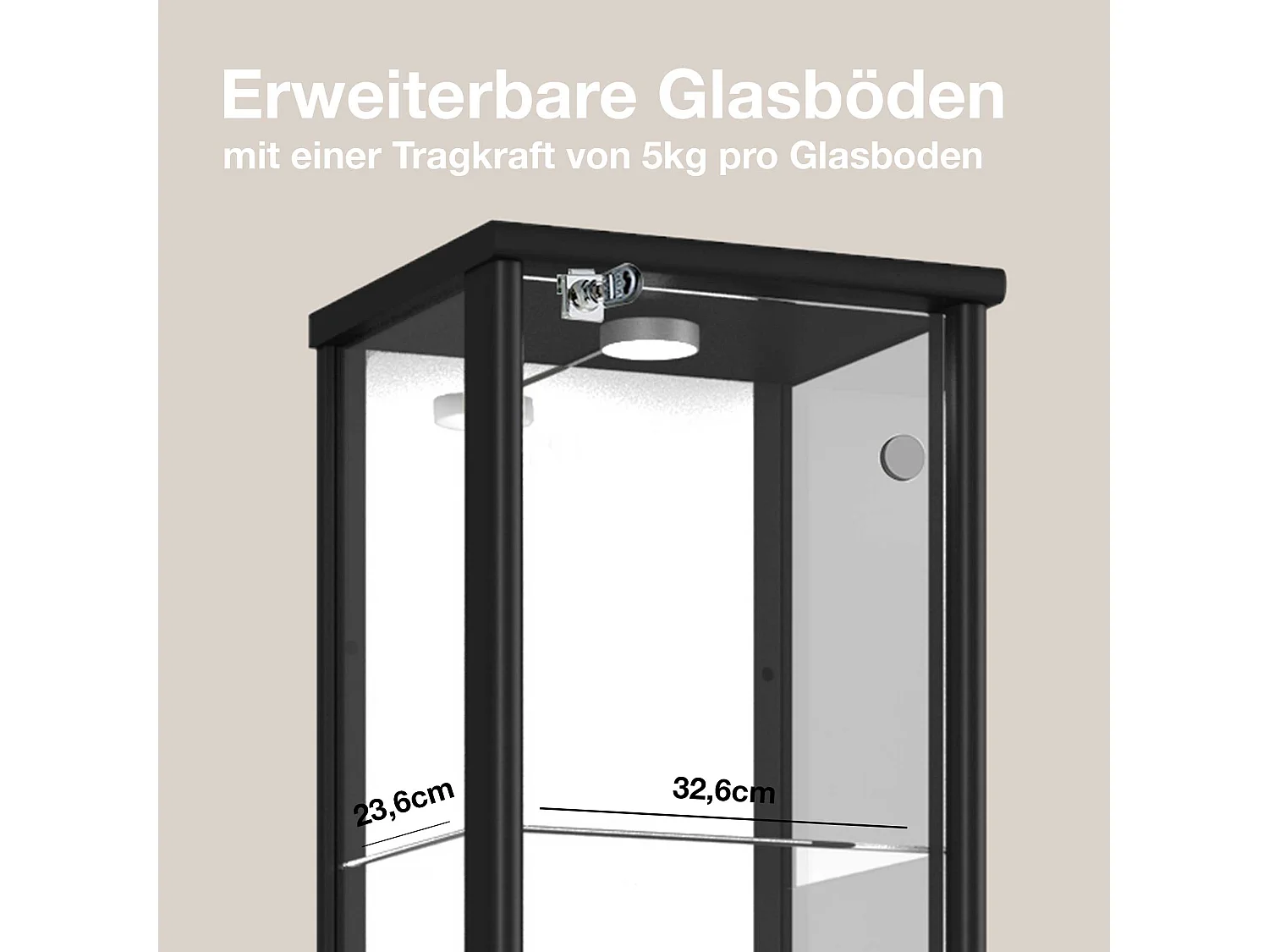 Vitrine sur pied avec 1 porte, 4 étagères en verre réglables en hauteur, miroir & serrure - Avec éclairage LED - 176x37x33 cm - Noir