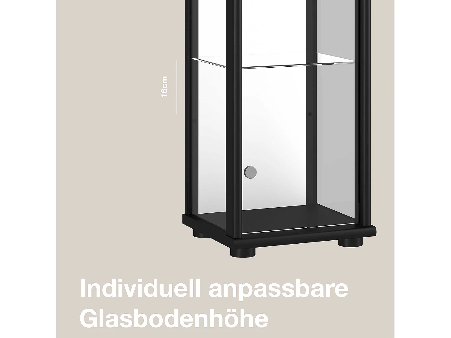 Vitrine sur pied avec 1 porte, 4 étagères en verre réglables en hauteur, miroir & serrure - Avec éclairage LED - 176x37x33 cm - Noir