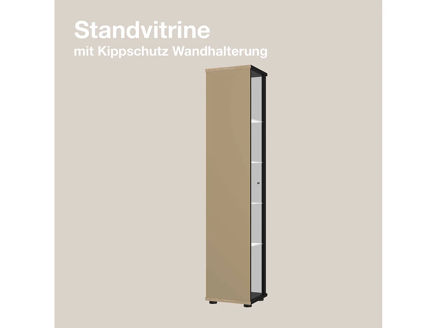 Vitrine sur pied avec 1 porte, 4 étagères en verre réglables en hauteur, miroir & serrure - Avec éclairage LED - 176x37x33 cm - Noir