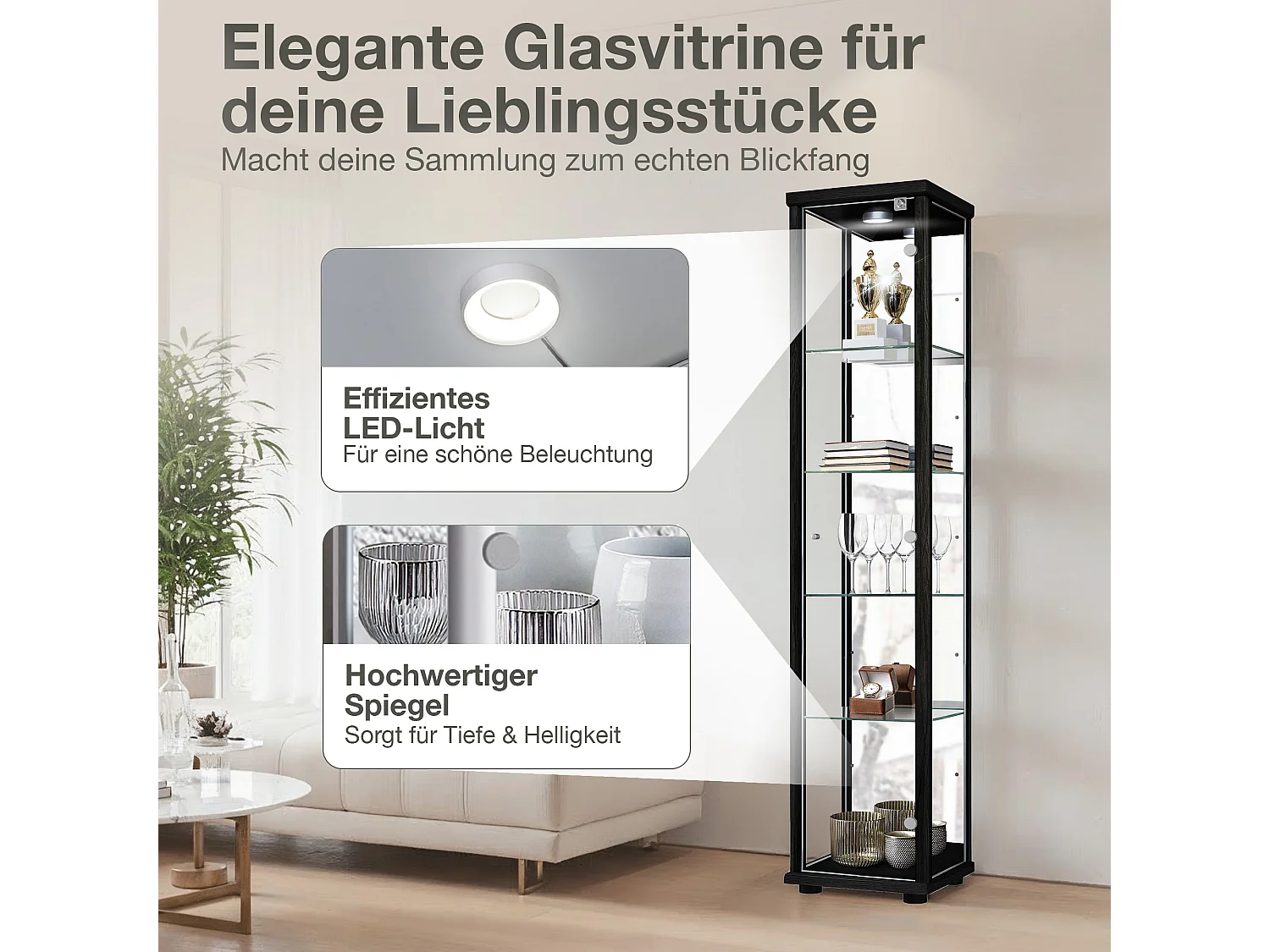 Vitrine sur pied avec 1 porte, 4 étagères en verre réglables en hauteur, miroir & serrure - Avec éclairage LED - 176x37x33 cm - Noir