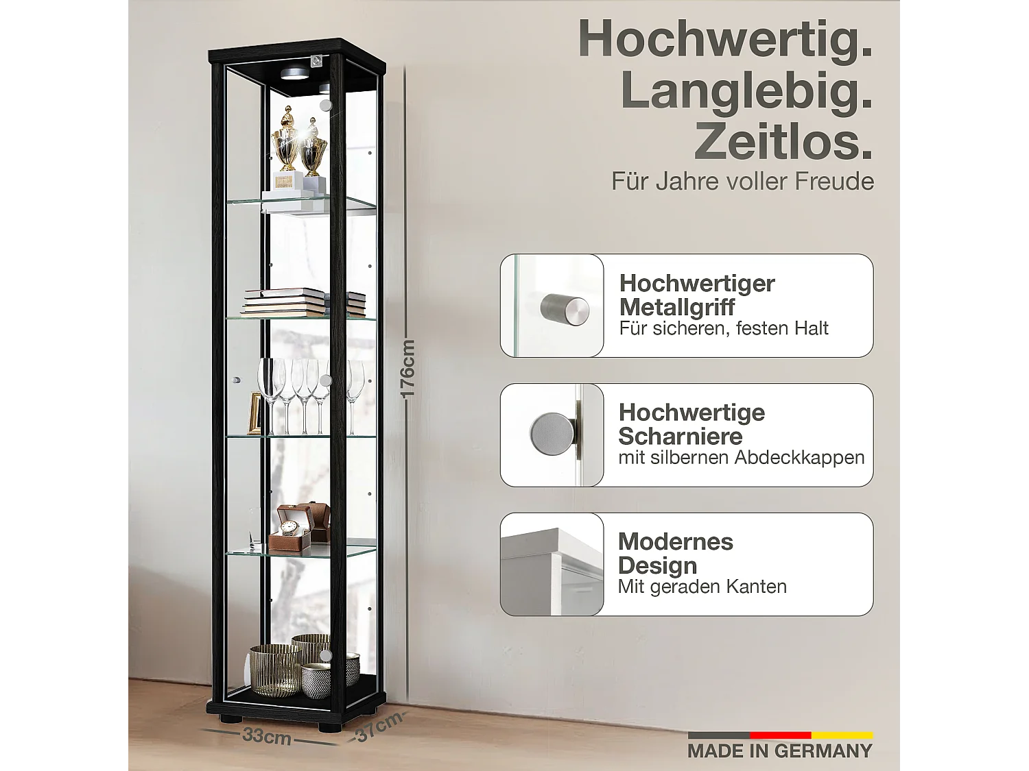 Vitrine sur pied avec 1 porte, 4 étagères en verre réglables en hauteur, miroir & serrure - Avec éclairage LED - 176x37x33 cm - Noir