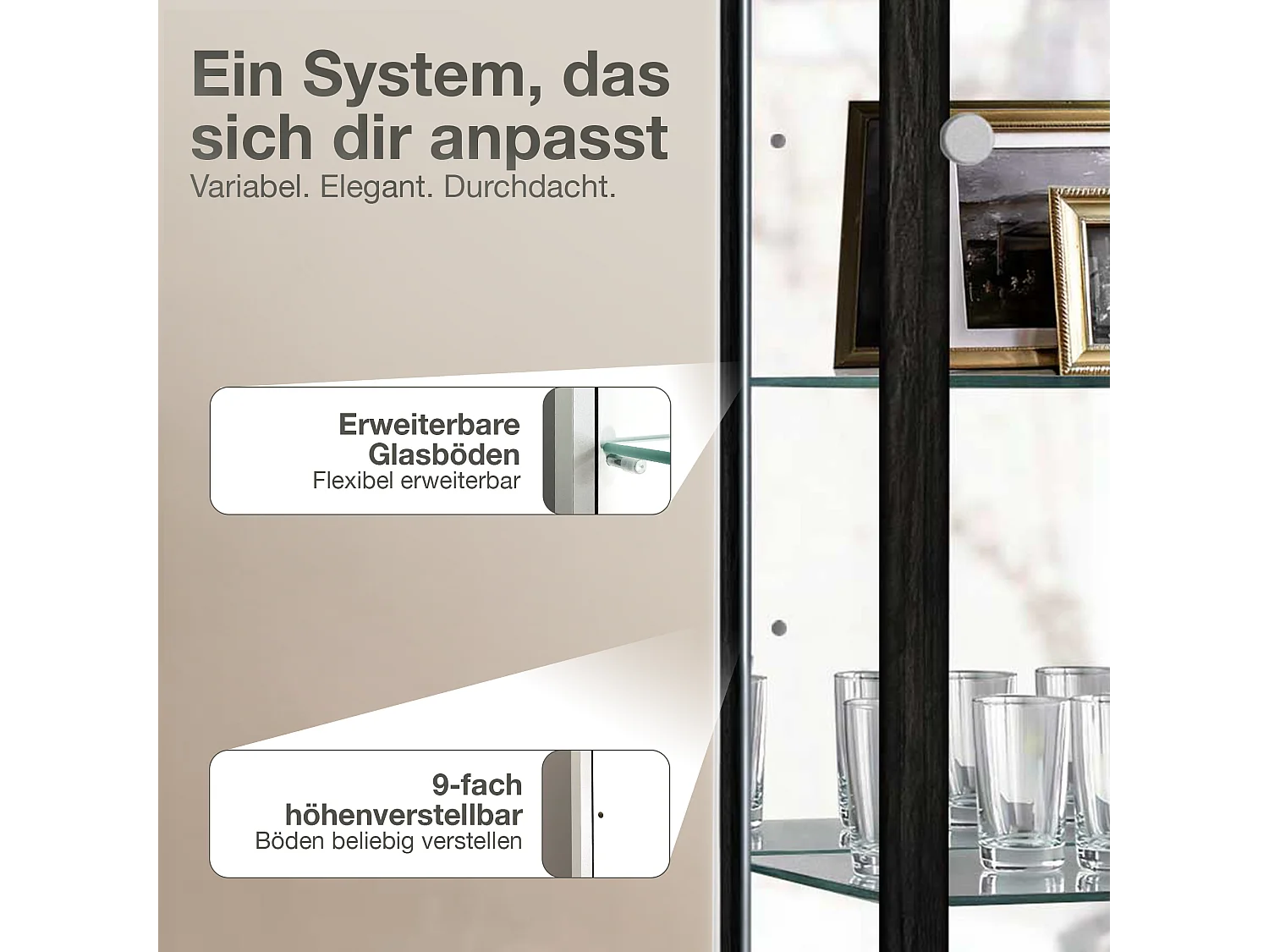 Vitrine sur pied avec 1 porte, 4 étagères en verre réglables en hauteur, miroir & serrure - Avec éclairage LED - 176x37x33 cm - Noir