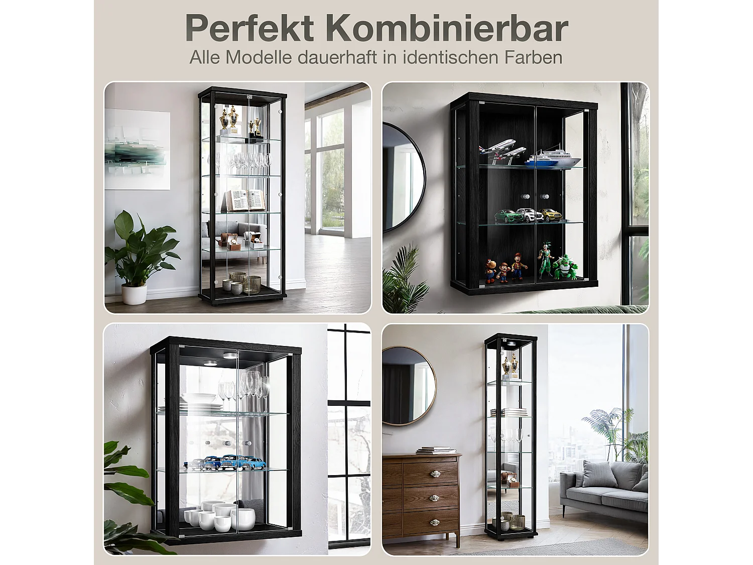 Vitrine sur pied avec 1 porte, 4 étagères en verre réglables en hauteur, miroir & serrure - Avec éclairage LED - 176x37x33 cm - Noir