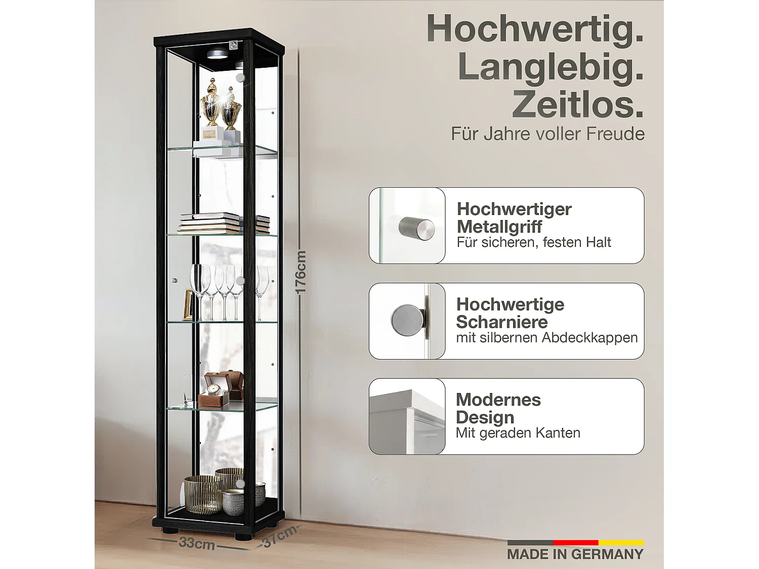 Vitrine sur pied avec 1 porte, 4 étagères en verre réglables en hauteur, miroir & serrure - Avec éclairage LED - 176x37x33 cm - Noir