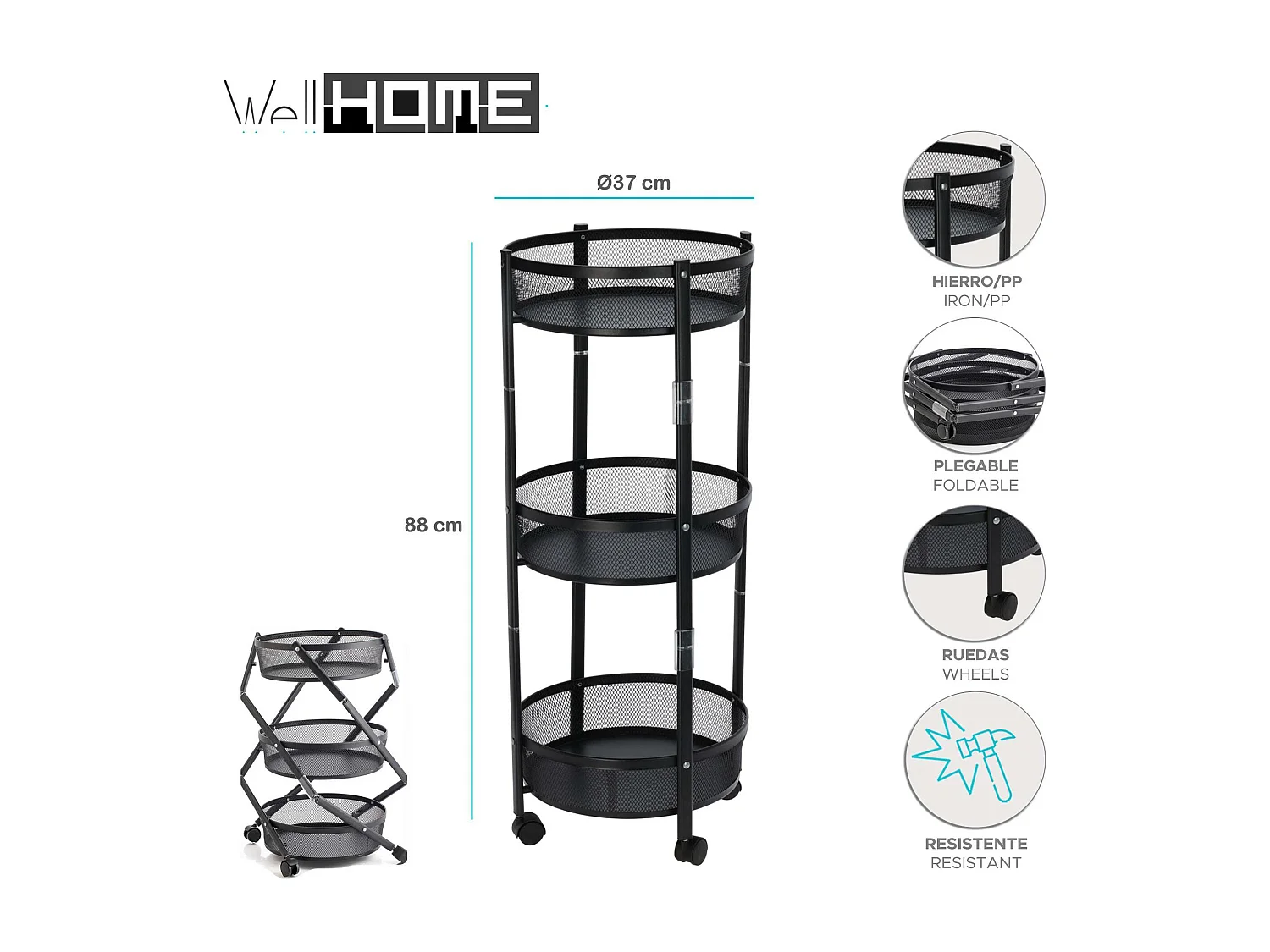 Well Home Chariot de cuisine pliant à roulettes Ø37x88cm