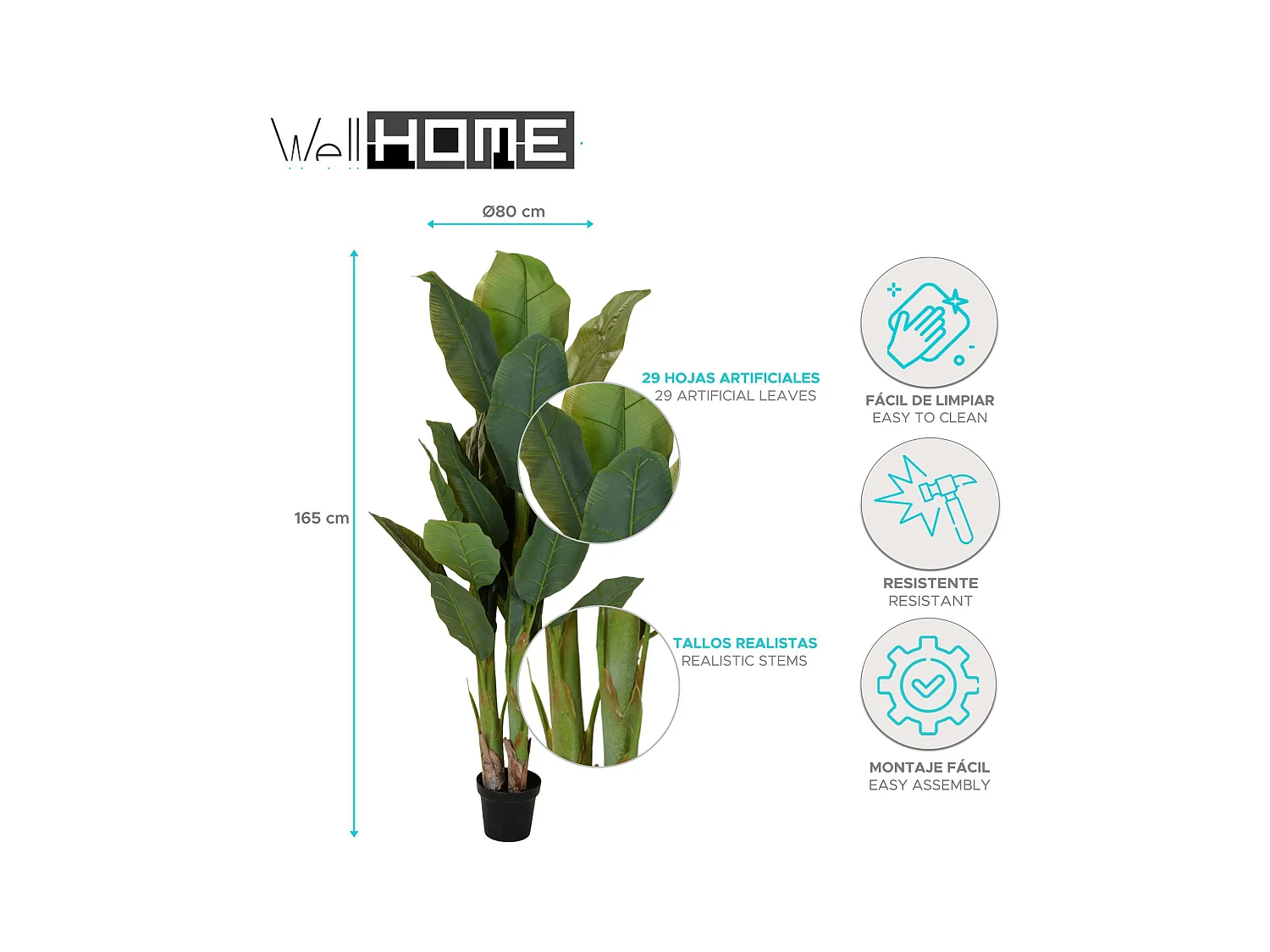 Plante Artificielle Well Home avec 29 Feuilles et 3 Branches -Ø80 x 165cm