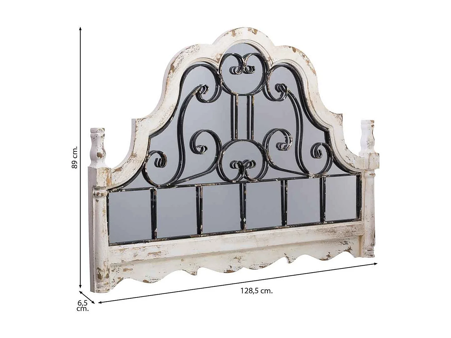 Miroir mural en bois vieilli blanc et métal 128,5x6,5x89h cm