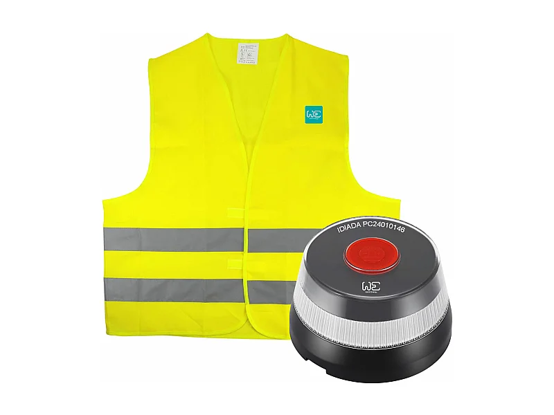 WE Ensemble de balise de secours V16 géolocalisée et reliée à la DGT 3.0 + Gilet réfléchissant 100% Polyester 12mr/m2