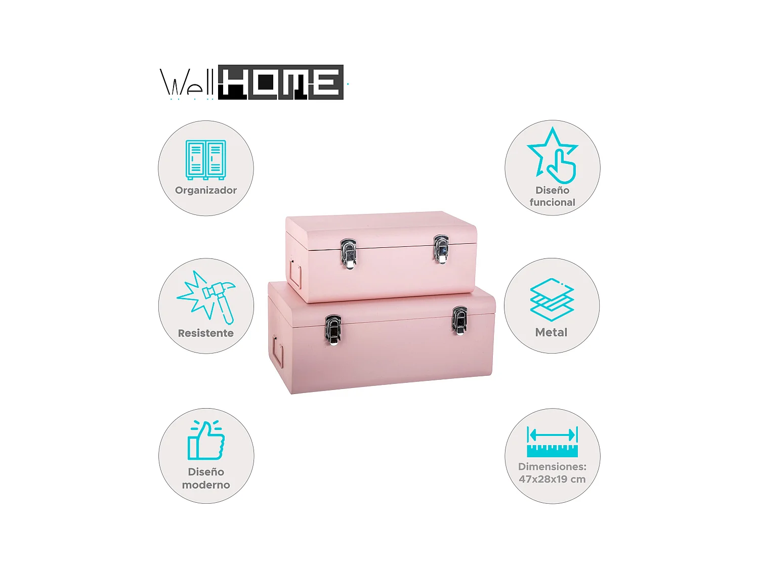 WELL HOME - Lot de 2 malles en métal rose