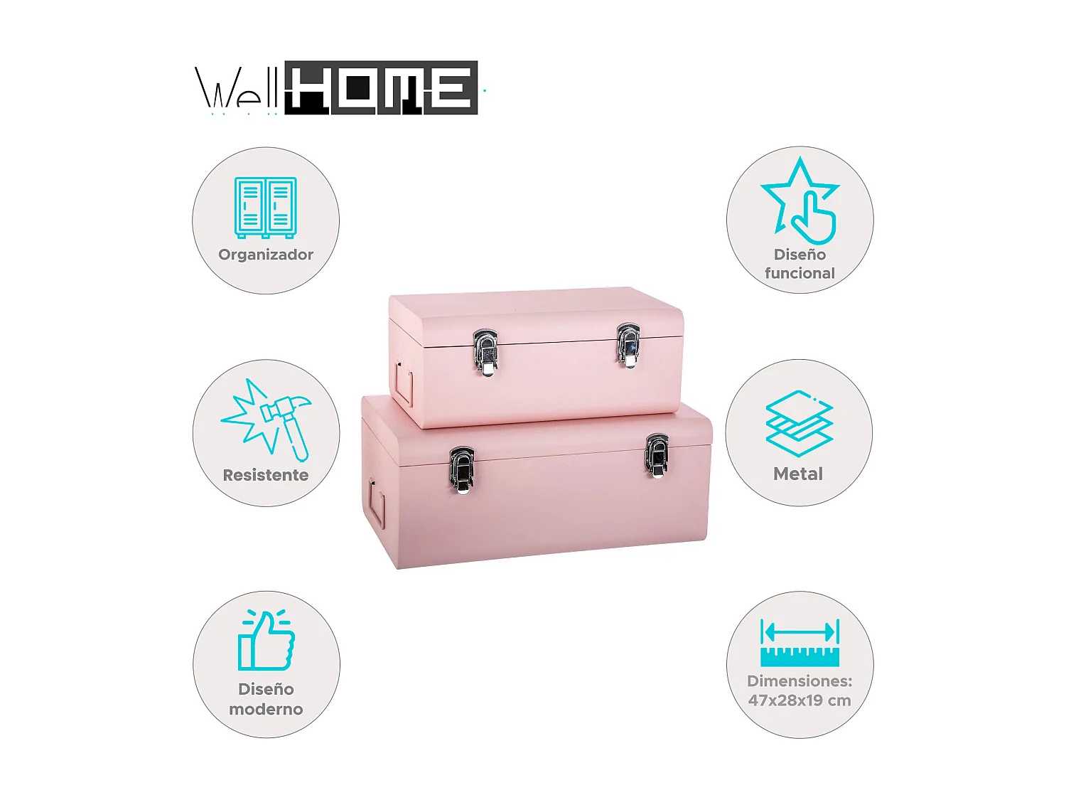 WELL HOME - Lot de 2 malles en métal rose