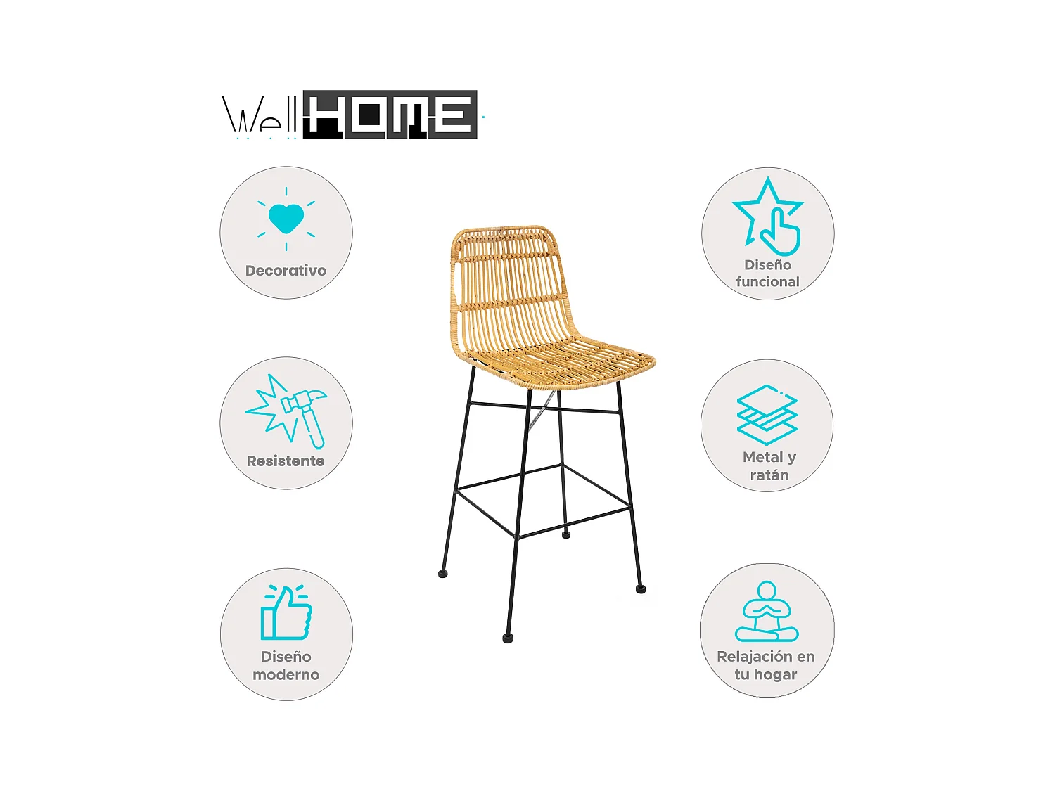 WELL HOME - Chaise de bar 'Kubu', métal et rotin