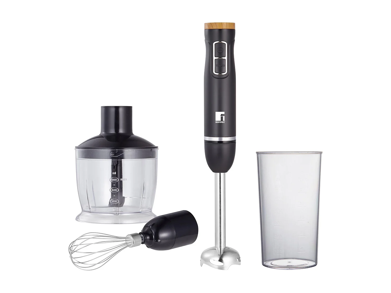 Mixeur plongeant OLIVAR 1000 W à 2 vitesses avec hachoir 600 ml, tige de mélange, tasse à mesurer Bergner 600 ml